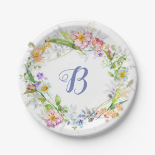 Lovely Floral Wreath Monogram Design Paper Plate