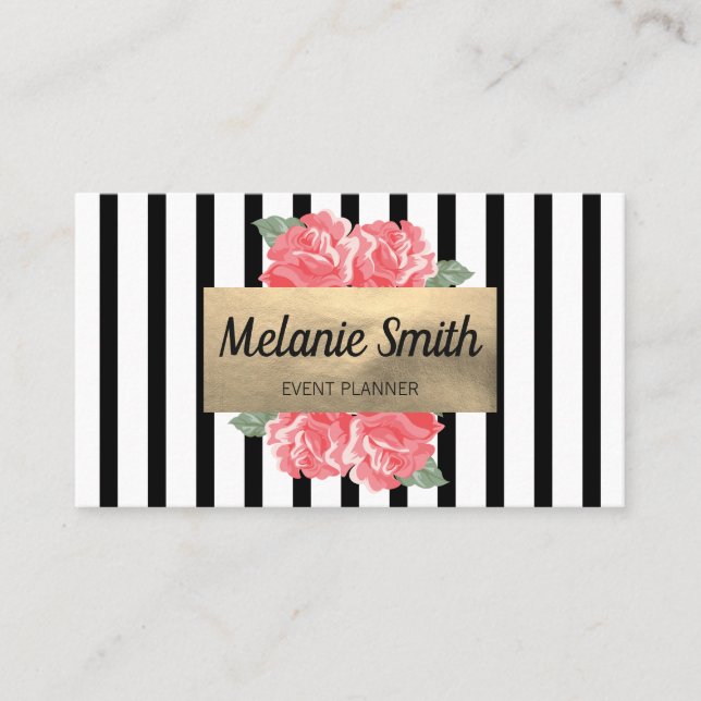 Lovely Flowers Chic Vertical Striped Business Card (Front)