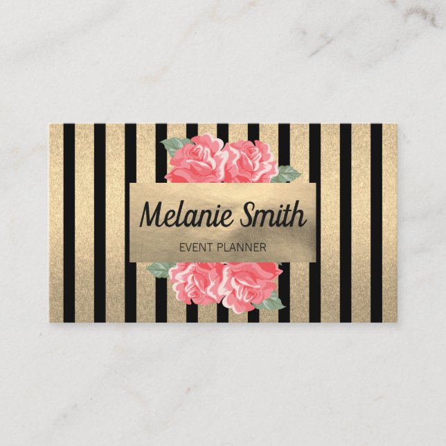 Lovely Flowers Chic Vertical Striped (Golden) Business Card (Front)