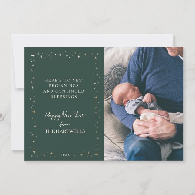 Lovely Forest Green Starry New Year Photo Holiday Card (Front)