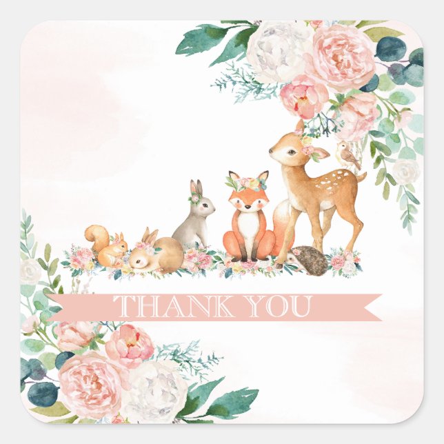 Lovely Forest Woodland Animals Girl Baby Shower Square Sticker (Front)