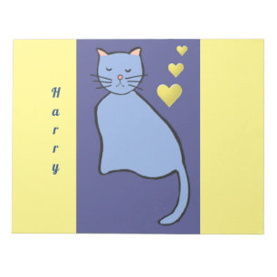 Lovely Fun Blue Cat with Pink Ears & yellow Hearts Notepad