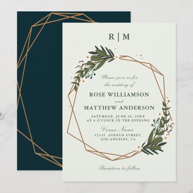 lovely geometric floral wreath wedding invitation (Front/Back)