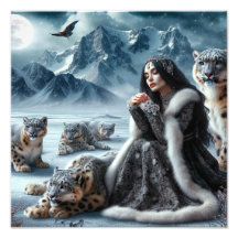 Lovely girl and snow leopards