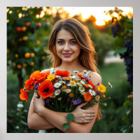 Lovely Girl with Bouquet of Daisies and Poppies