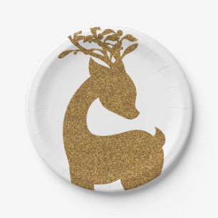 Lovely Gold Glitter Christmas Reindeer Holiday Paper Plate