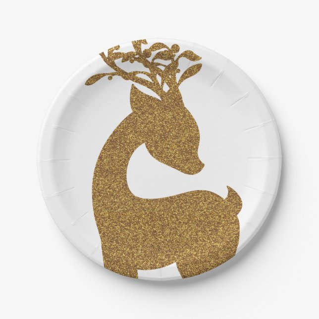 Lovely Gold Glitter Christmas Reindeer Holiday Paper Plate (Front)
