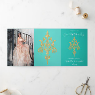 Lovely Gold Glitter Quinceanera Tri-Fold Invitation