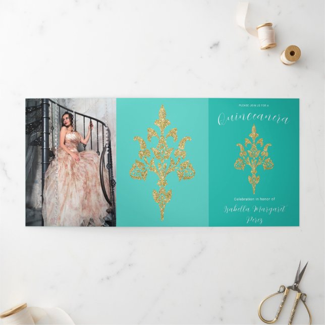 Lovely Gold Glitter Quinceanera Tri-Fold Invitation (Outside)