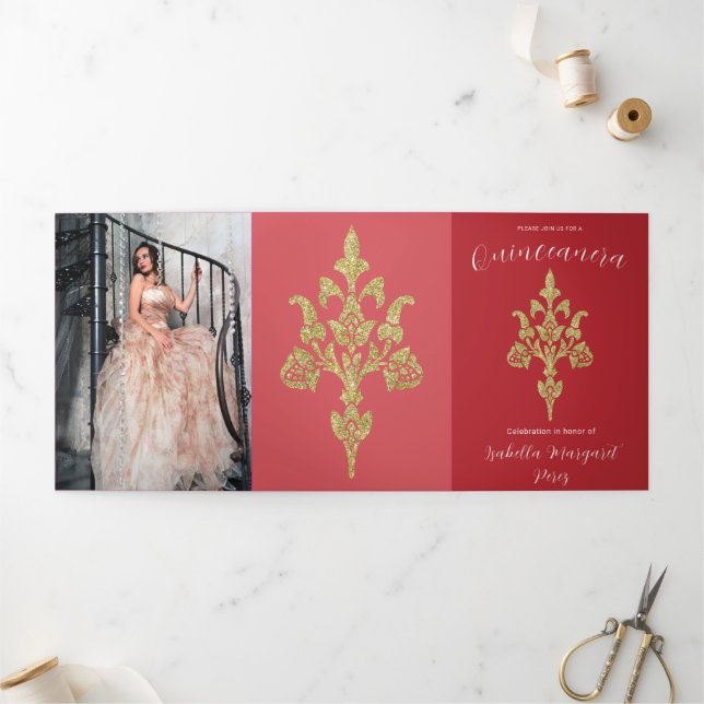 Lovely Gold Glitter Quinceanera Tri-Fold Invitation (Outside)