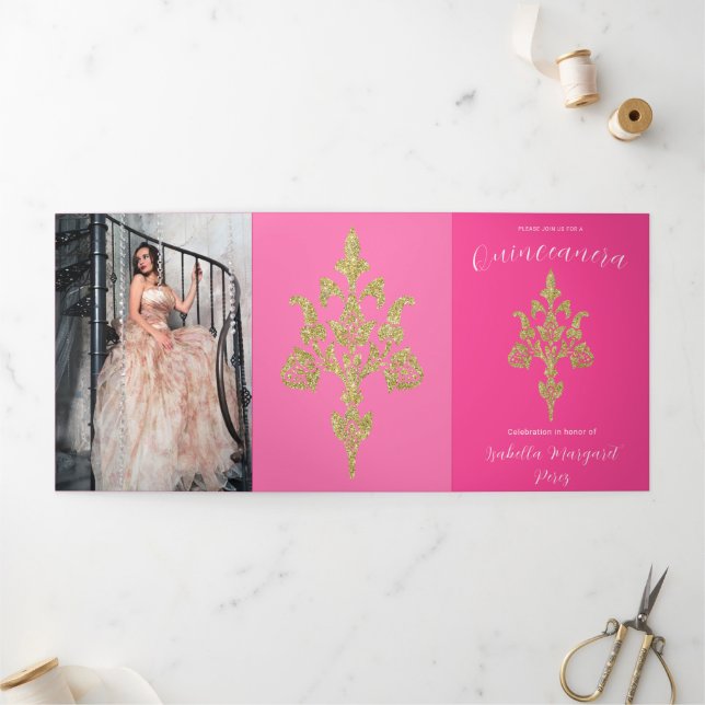 Lovely Gold Glitter Quinceanera Tri-Fold Invitation (Outside)
