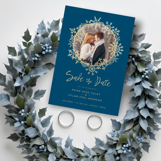 Lovely Gold Snowflakes Wreath Photo Frame Wedding  (Lovely Gold Snowflakes Wreath Photo Frame Wedding Save the Dates Cards.)