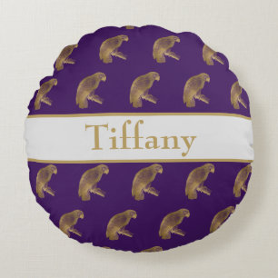Lovely golden parrots on purple background round cushion