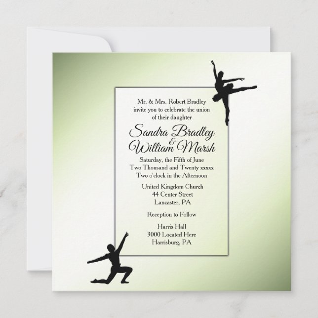 Lovely Green Ballet Dancers Wedding Invitation (Front)