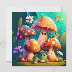 Lovely green cute baby mushrooms invitation