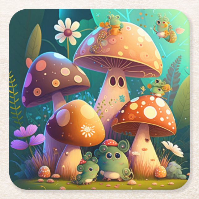 Lovely green cute baby mushrooms       square paper coaster (Front)