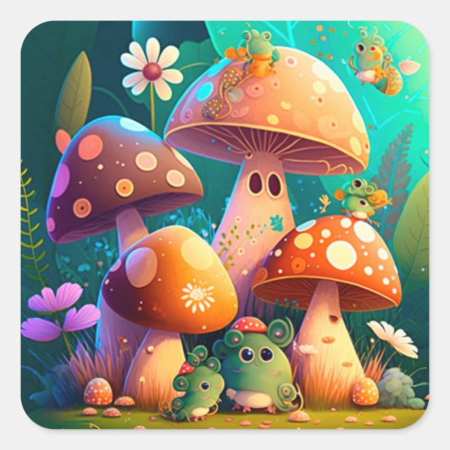 Lovely green cute baby mushrooms       square sticker (Front)