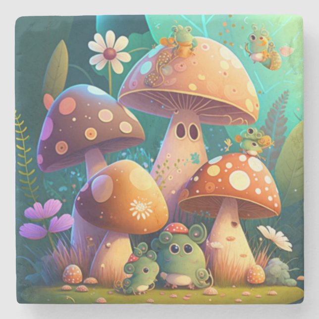Lovely green cute baby mushrooms       stone coaster (Front)