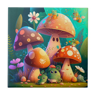 Lovely green cute baby mushrooms tile