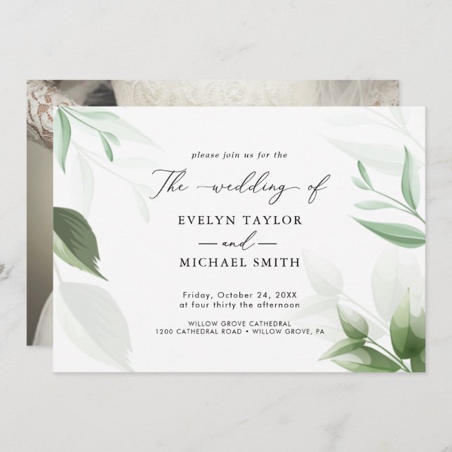 Lovely Greenery Black Calligraphy Invitation (Front/Back)