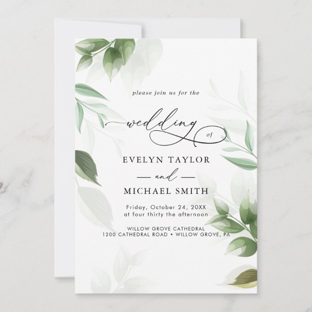 Lovely Greenery Black Calligraphy Invitation (Front)
