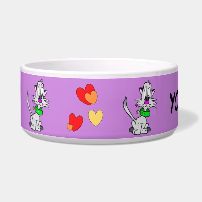 Lovely Grey Cat Cartoon Cust. Pet Bowl (Left)