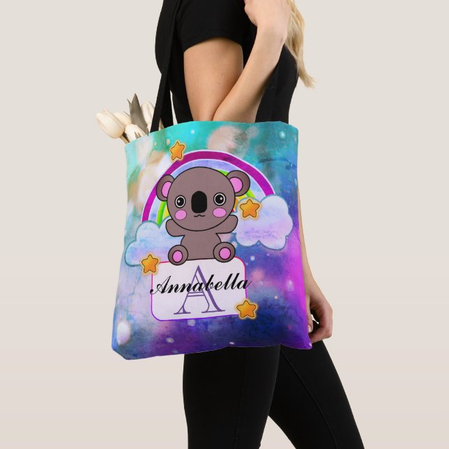 Lovely Grey Kawaii Koala with Rainbow Stars Tote Bag (Close Up)