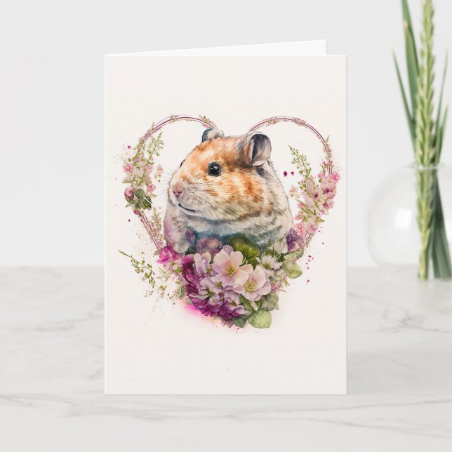 Lovely Hamster with Pink Flowers Valentine's Day Holiday Card (Front)
