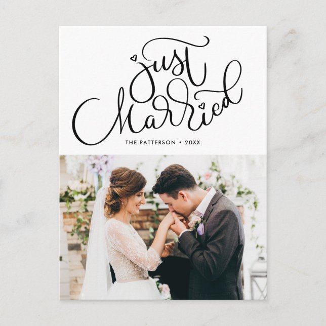 Lovely Hand Lettered Just Married Photo Wedding Announcement Postcard (Front)