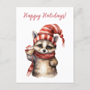 Lovely Happy Holidays Racoon Watercolor Artwork Postcard