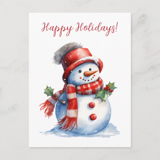 Lovely Happy Holidays Snowman Watercolor Artwork Postcard (Front)