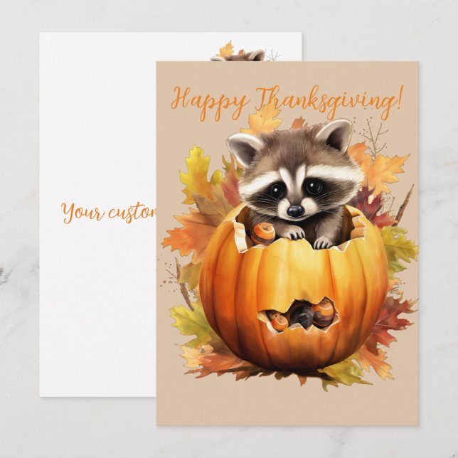 Lovely Happy Thanksgiving Racoon Watercolor Cards (Front/Back)