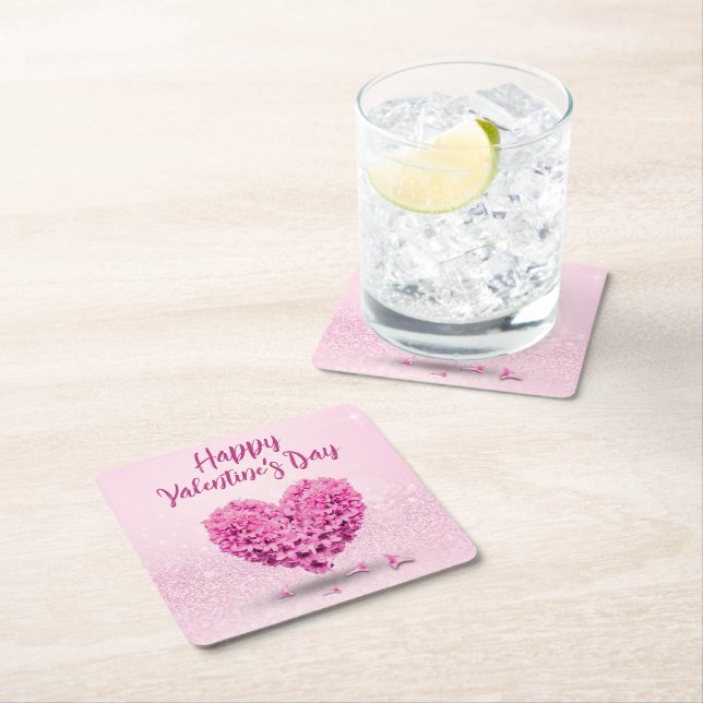 Lovely Happy Valentine's Day Pink Hyacinth Heart Square Paper Coaster (Insitu)