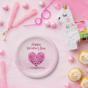 Lovely Heart Happy Valentine's Day Pink Hyacinth Paper Plate