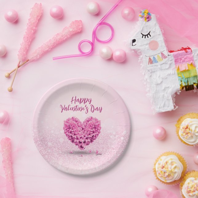 Lovely Heart Happy Valentine's Day Pink Hyacinth Paper Plate (Party)