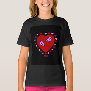 Lovely Heart Kisses Girls Basic Black T Shirt