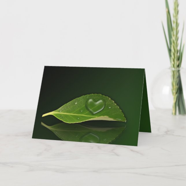 Lovely Heart-Shaped Water Droplet on Leaf Holiday Card (Front)