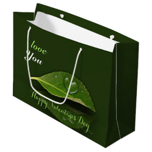 Lovely Heart-Shaped Water Droplet on Leaf Large Gift Bag