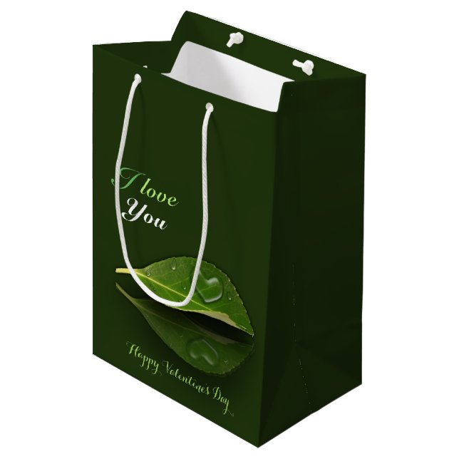 Lovely Heart-Shaped Water Droplet on Leaf Medium Gift Bag (Front Angled)
