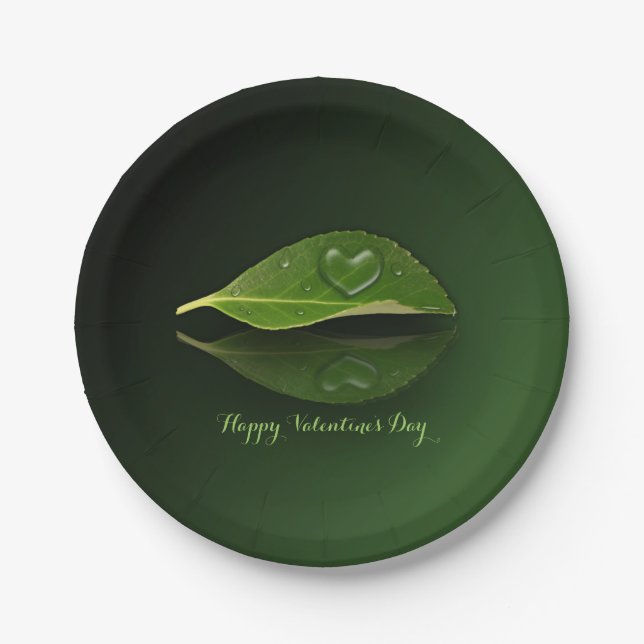 Lovely Heart-Shaped Water Droplet on Leaf Paper Plate (Front)