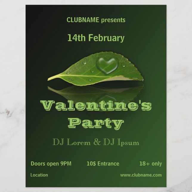 Lovely Heart-Shaped Water Droplet on Leaf Party Flyer (Front)