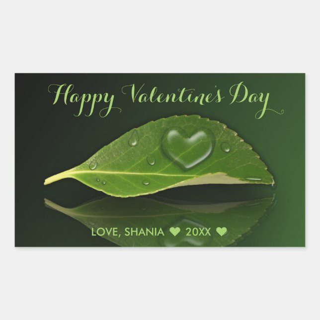 Lovely Heart-Shaped Water Droplet on Leaf Rectangular Sticker (Front)