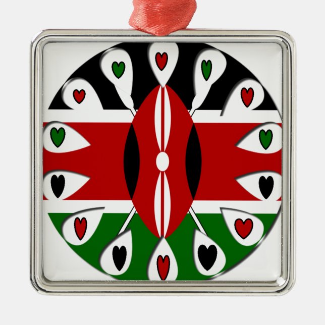 Lovely Hearts Kenya: Flag Art Motif Metal Tree Decoration (Front)