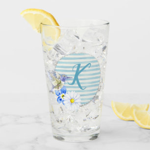 Lovely Hummingbird Blue Floral Monogram Drinking Glass