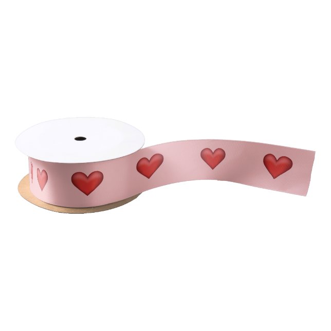 Lovely Illustrated Red Hearts On Blush Pink Satin Ribbon (Spool)