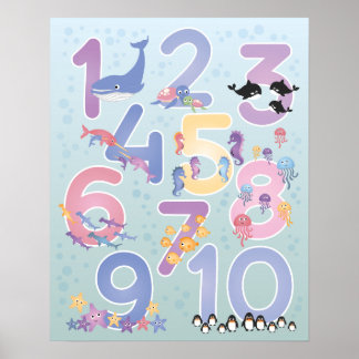 Lovely Illustrations of Sea Animals One-Ten Number Poster
