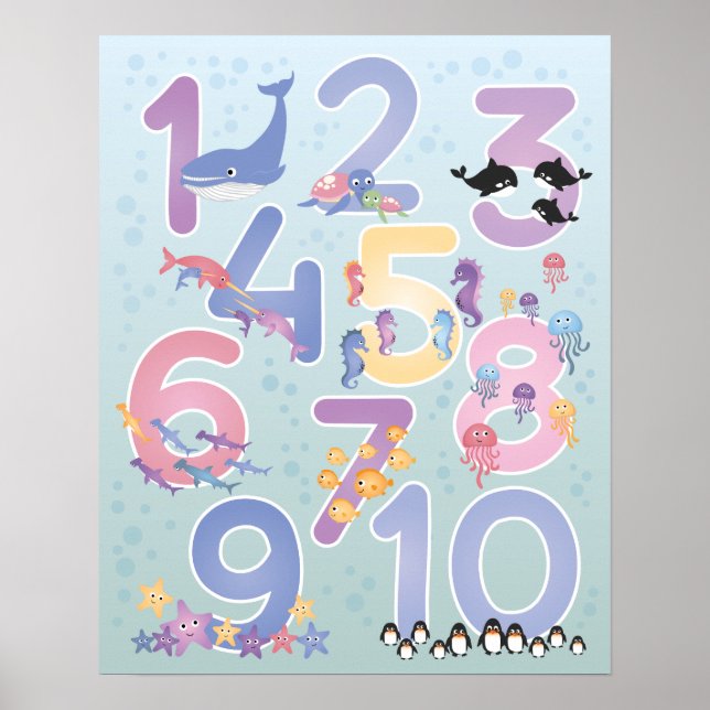Lovely Illustrations of Sea Animals One-Ten Number Poster (Front)