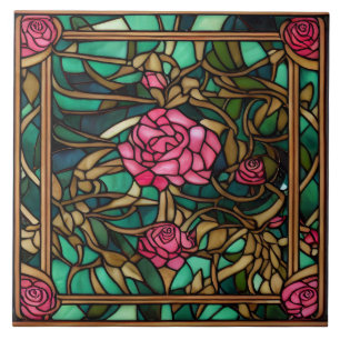 Lovely Intricate Stained Glass Style Floral Rose Tile
