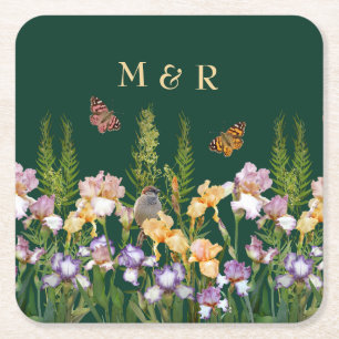 Lovely Irises, Birds Butterflies Couple Monogram Square Paper Coaster