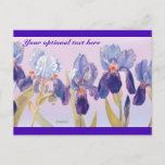 Lovely Irises Watercolor Postcard<br><div class="desc">These regal irises painted delicately in watercolor express the beauty of nature and can bring a smile to your loved one. Whether you want to send a get well wish,  birthday wishes,  or just a note,  this card will fit the occasion.</div>